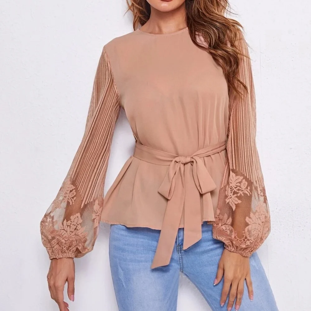 Boho Floral Sheer Sleeve Belted Blouse - Picture 7 of 9
